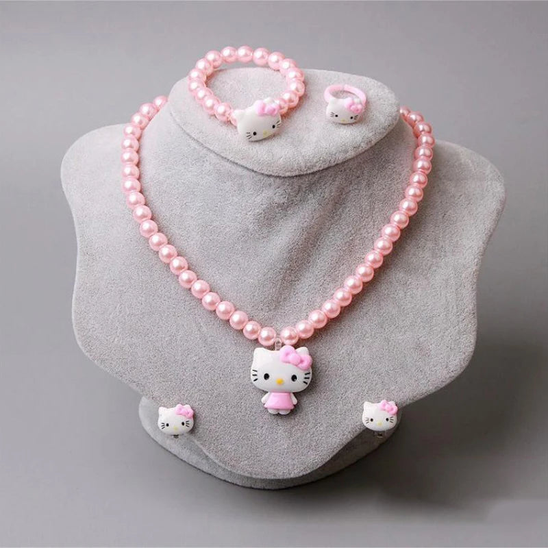 4pcs/set Sanrio Cartoon Hello Kitty Necklace Finger Ring Bracelet Set Kawaii For Girls Jewelry Accessories Birthday Gifts