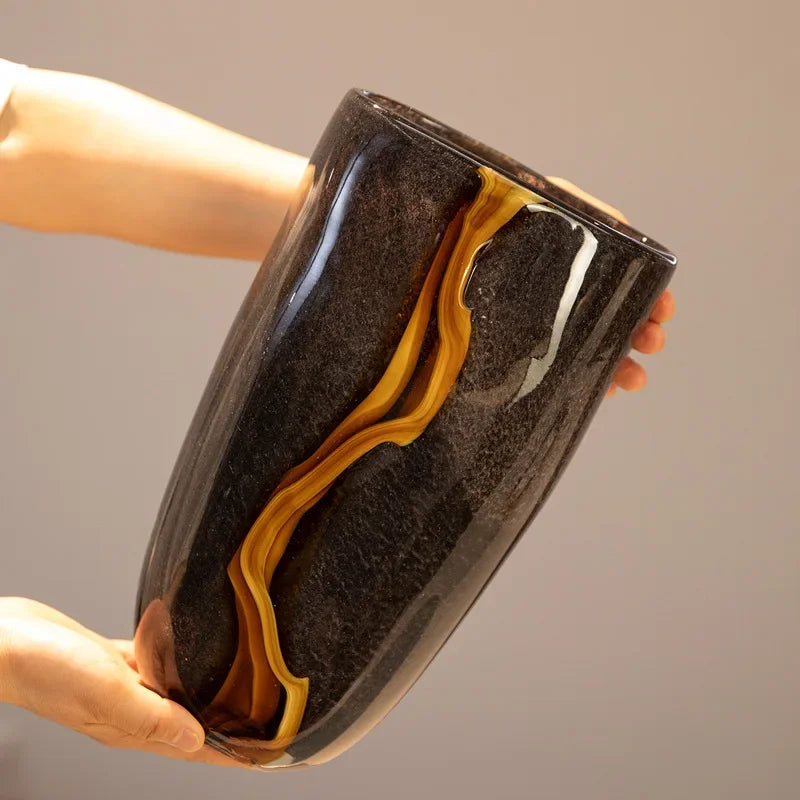 Black Glass Vase Crack Water Ripple Flower Pot Floral Arrangement Accessories Flowerpot Terrarium Room Decoration