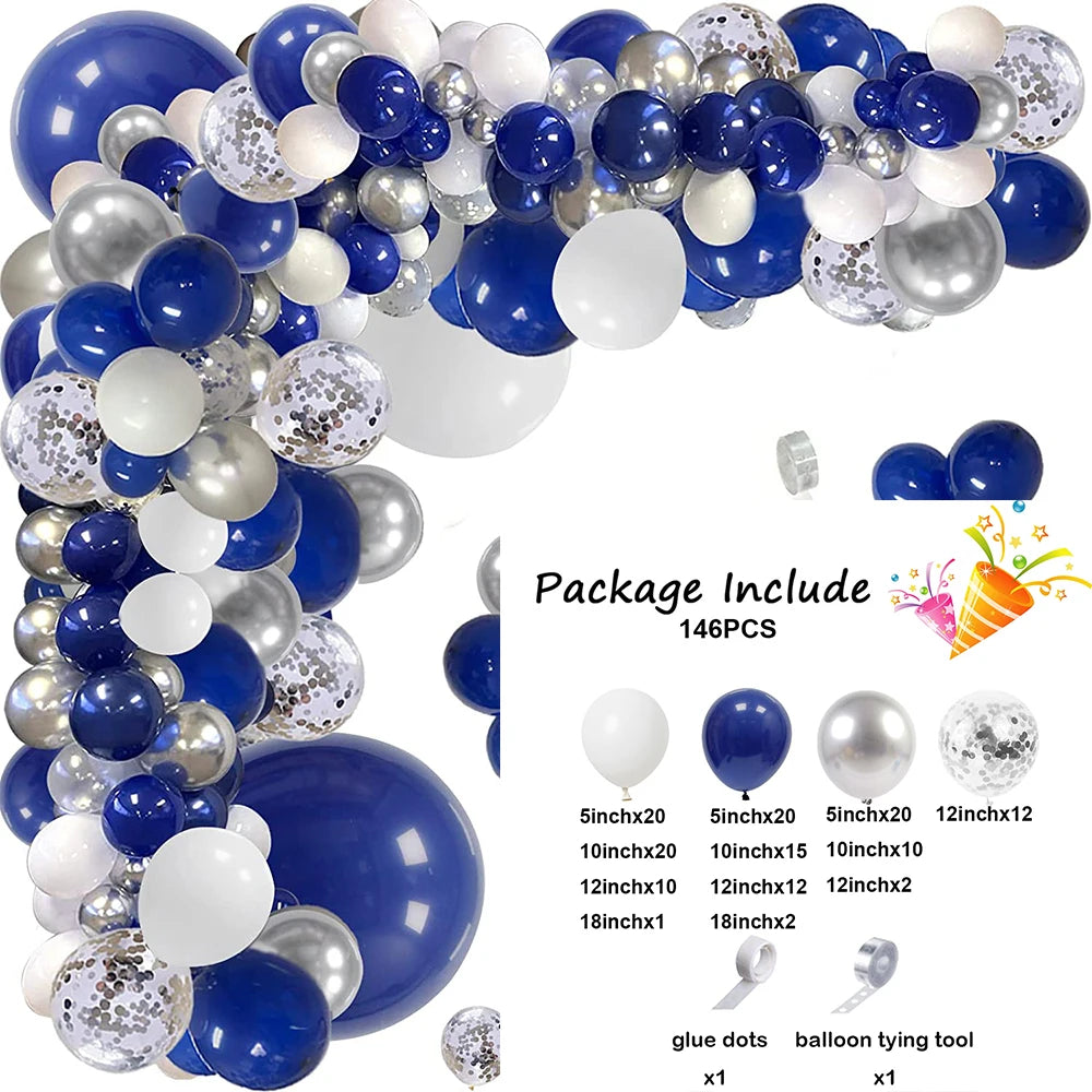 Navy Blue White Balloons Arch Garland Kit Silver Confetti Ballon First Birthday Party Decorations Graduation Wedding Baby Shower