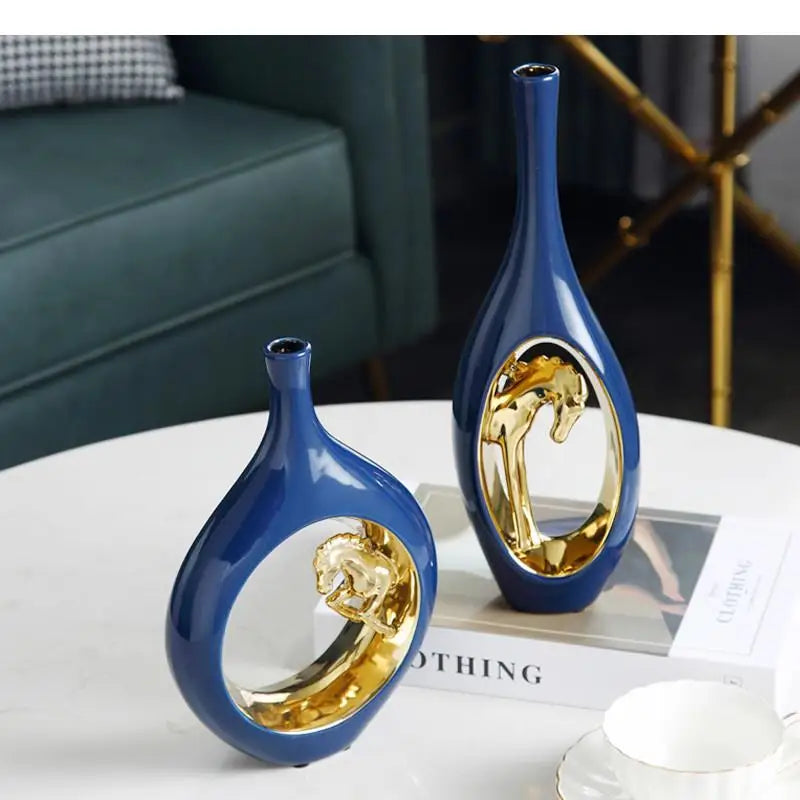 Ceramic Golden Horse Hollow Vase Flower Arrangement Accessories Modern Home Decoration