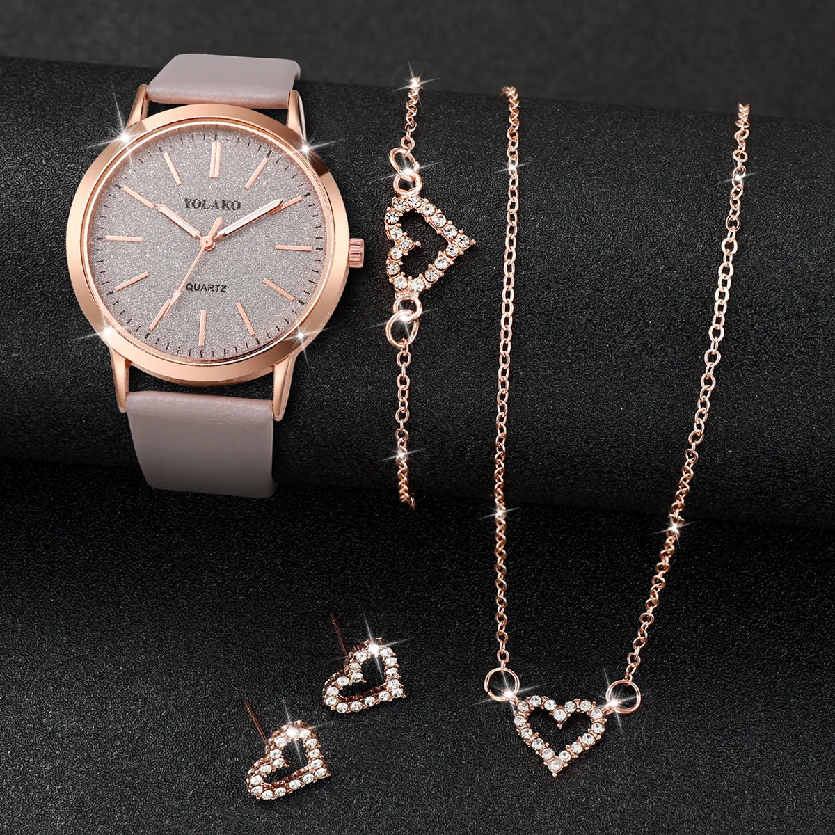 5pcs/set Fashion Women Leather Strap Quartz Watch and Love Heart Jewelry Set-Elegant design & Occasional Product