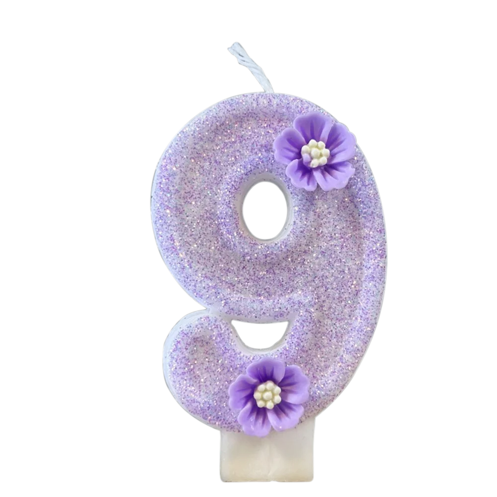 1pc Purple Sparkling Number Candles 0-9 Flower Cake Topper for Birthday Wedding Anniversary Party Cake Decoration Supplies