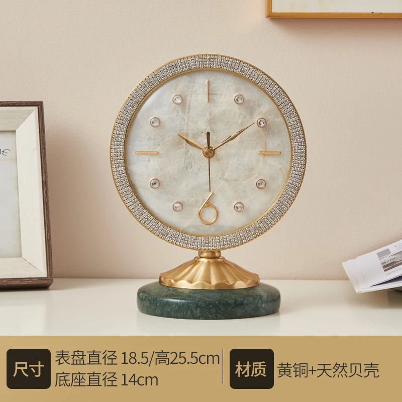 Copper Table Clock Shell Dial Marble Base Decoration Room Bedroom Bedside Modern Simple Office Desk Fireplace Standing Clocks