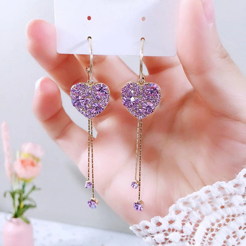 Exquisite Heart Shaped Zircon Earrings For Women Girls Luxury Long Tassel Ear Line Dangle Earring Wedding Party Jewelry Gifts