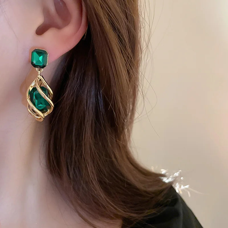 Korean Fashion Emerald Crystal Dangle Earrings for Women Trendy Gold Color Hollow Stud Earring Birthday Gifts Pendientes Mujer