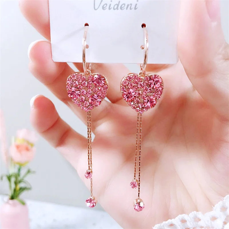 Exquisite Heart Shaped Zircon Earrings For Women Girls Luxury Long Tassel Ear Line Dangle Earring Wedding Party Jewelry Gifts