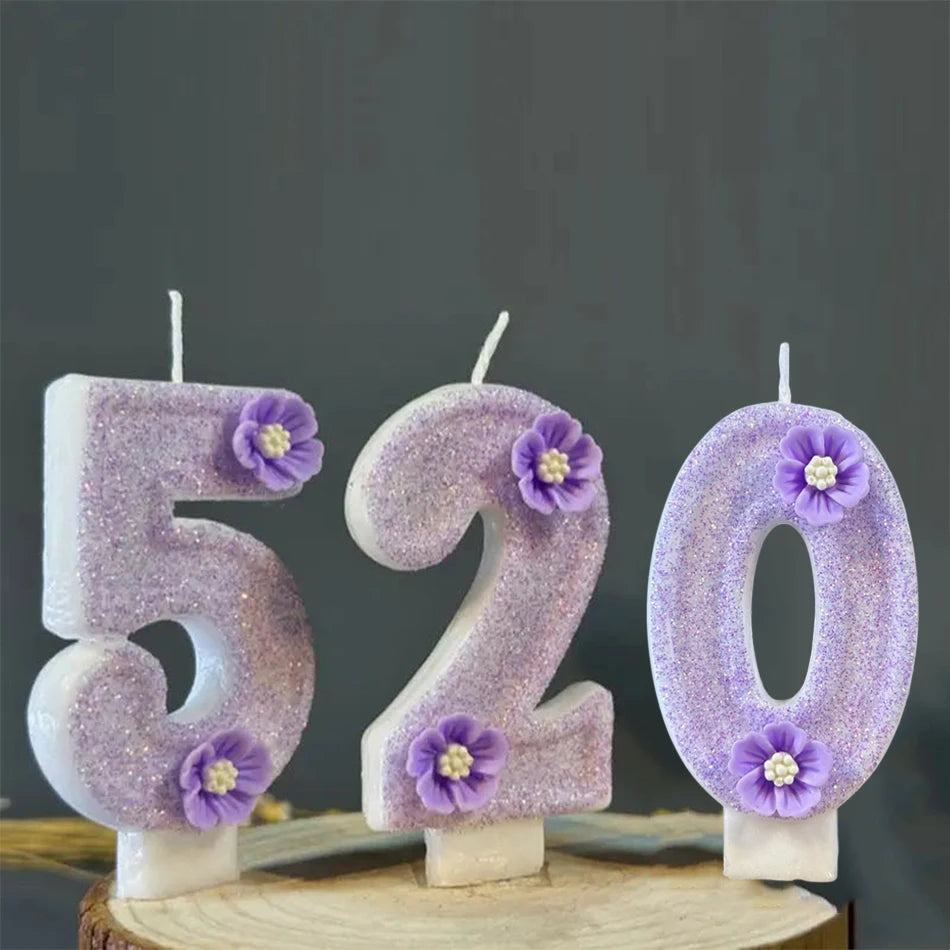 1pc Purple Sparkling Number Candles 0-9 Flower Cake Topper for Birthday Wedding Anniversary Party Cake Decoration Supplies