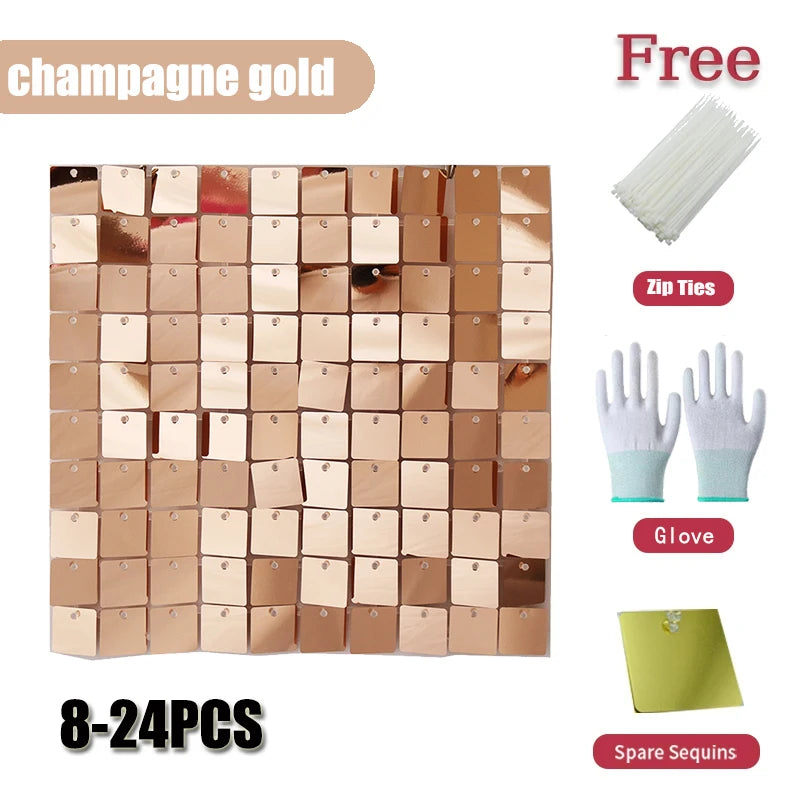 Square glitter wall background with 18 decorative panels sparkling. Photo background used for birthday party decoration