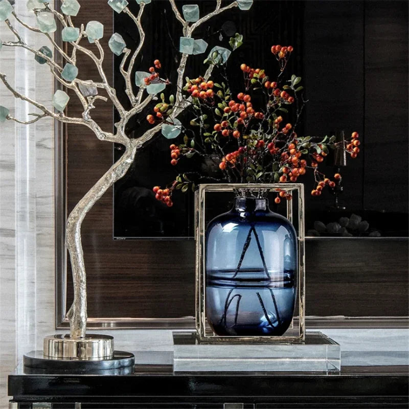Minimalist Blue Black Glass Vase Home Living Room Nordic Restaurant Flower Arrangement Transparent Flower Decoration Ornaments