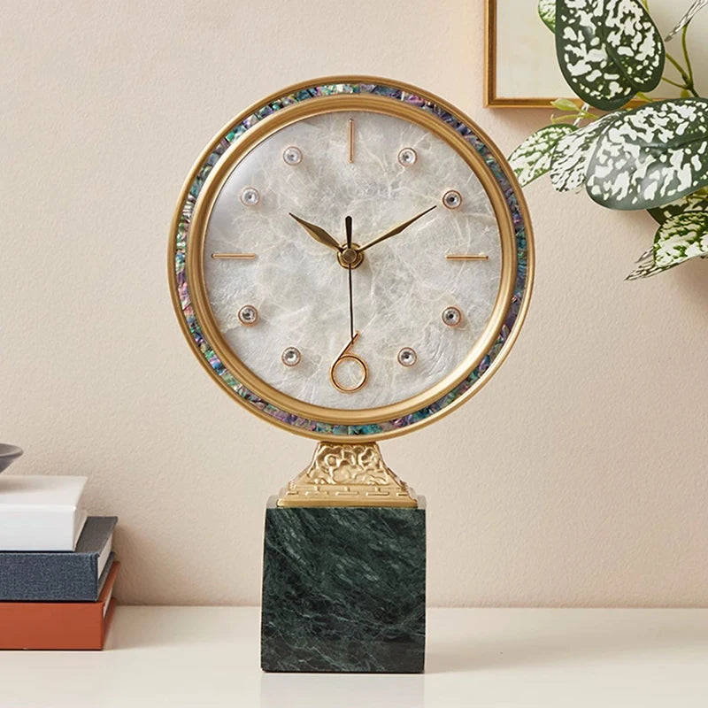 Copper Table Clock Shell Dial Marble Base Decoration Room Bedroom Bedside Modern Simple Office Desk Fireplace Standing Clocks