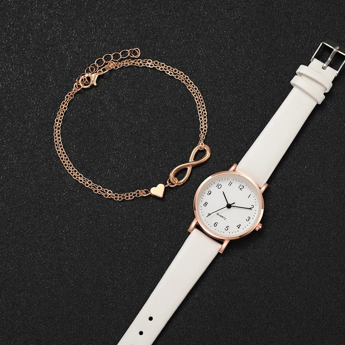 2pcs/set Women White Leather Strap Simple Quartz Watch Love Heart Bracelet Versatile Elegant Design For Occasions