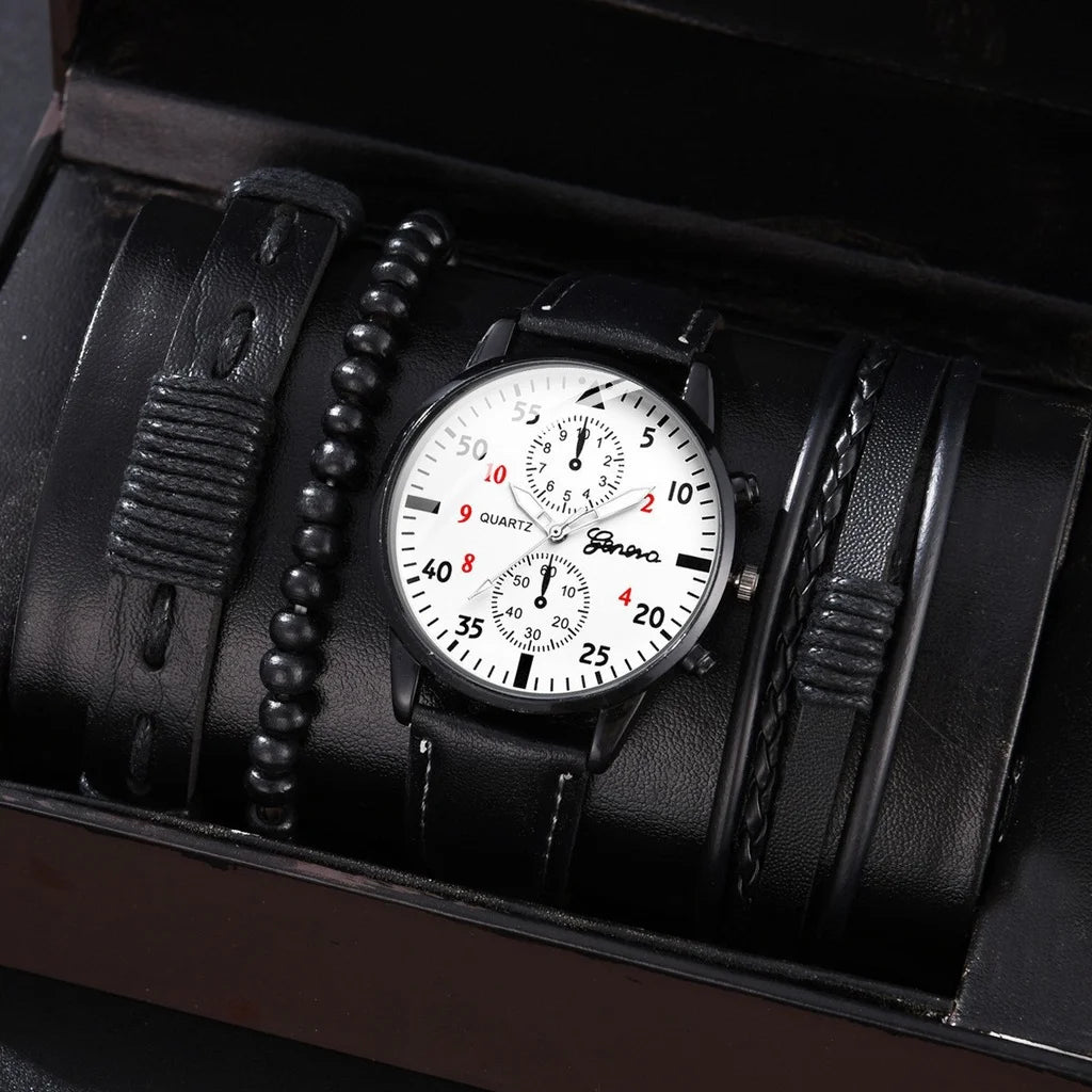Kegllect Men Watch Set with Bracelet Casual Leather Band Quartz Clocks- Elegant For Gift & Perfect Watch For Boys