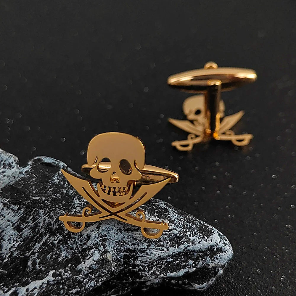 Cufflinks for Mens Luxurious Stainless Steel Jewelry Personality Double Knife Skeleton Man Shirt Cuff Link Button Gifts One Pair