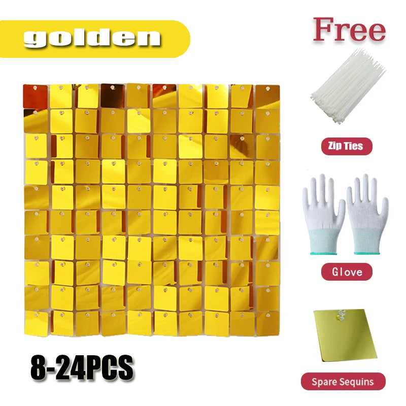 Square glitter wall background with 18 decorative panels sparkling. Photo background used for birthday party decoration