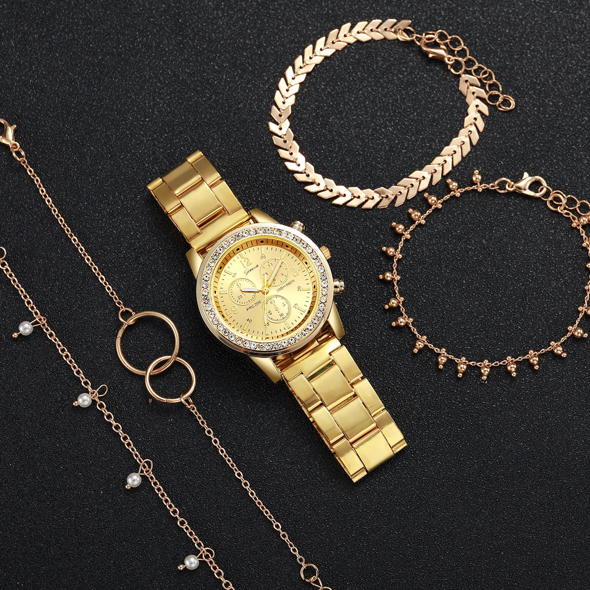 Fashion Women Golden Color Stainless Steel Quartz Watch With Bracelet Set 5PCs- Elegant Design Best Selling Product