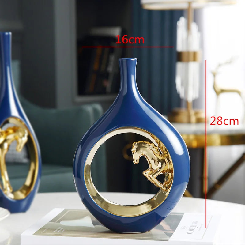 Ceramic Golden Horse Hollow Vase Flower Arrangement Accessories Modern Home Decoration