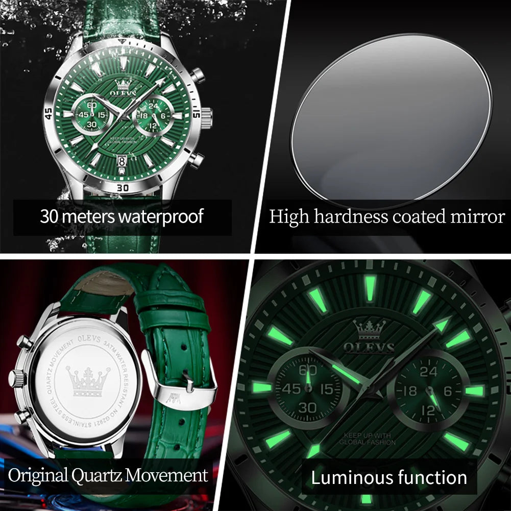 OLEVS NEW Men Watch Green Leather Strap Calendar 24 Hours Chronoscope Luminous Waterproof Wristwatch High Quality Men's Watches