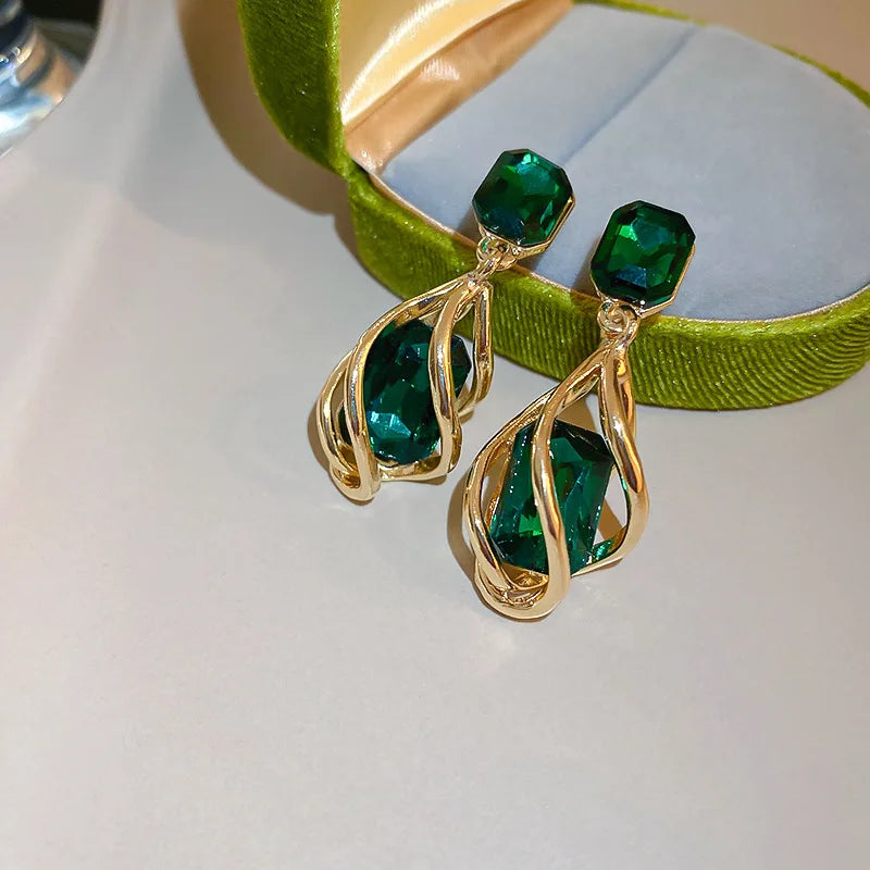Korean Fashion Emerald Crystal Dangle Earrings for Women Trendy Gold Color Hollow Stud Earring Birthday Gifts Pendientes Mujer