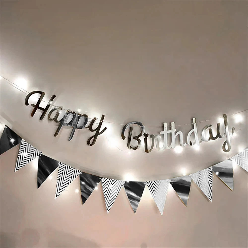 Multi Themes DIY Colored Lights Happy Birthday Banner Decorations Photo Booth Happy Birthday Bunting String Lights Flags Set