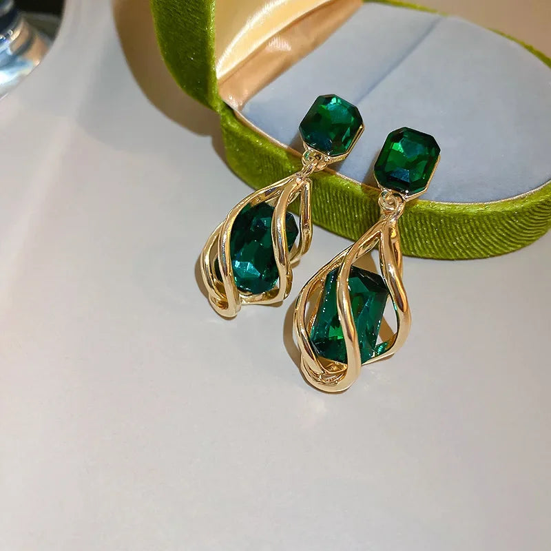 Korean Fashion Emerald Crystal Dangle Earrings for Women Trendy Gold Color Hollow Stud Earring Birthday Gifts Pendientes Mujer