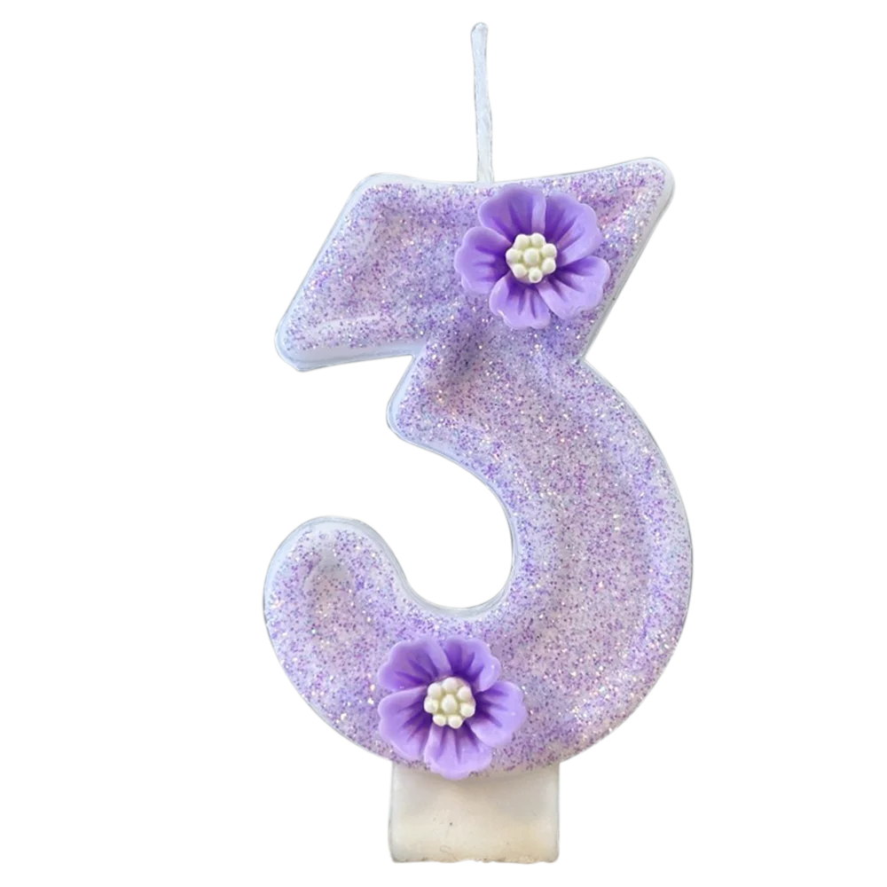 1pc Purple Sparkling Number Candles 0-9 Flower Cake Topper for Birthday Wedding Anniversary Party Cake Decoration Supplies