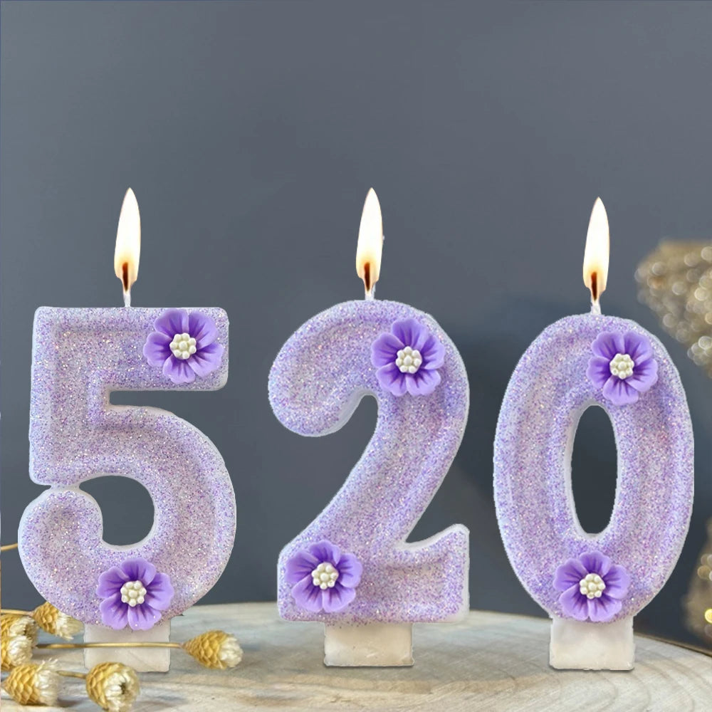 1pc Purple Sparkling Number Candles 0-9 Flower Cake Topper for Birthday Wedding Anniversary Party Cake Decoration Supplies