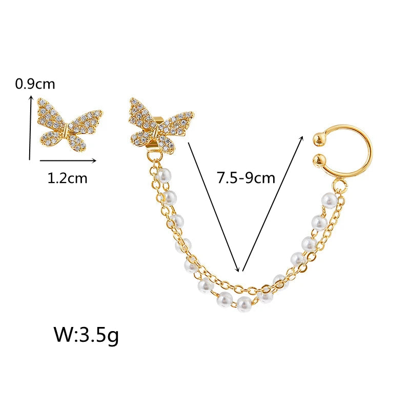 Korean Rhinestone Butterfly Stud Earrings For Women Girls Cute Fashion Metal Cuff Chain Tassel Boucle D'oreille Jewelry