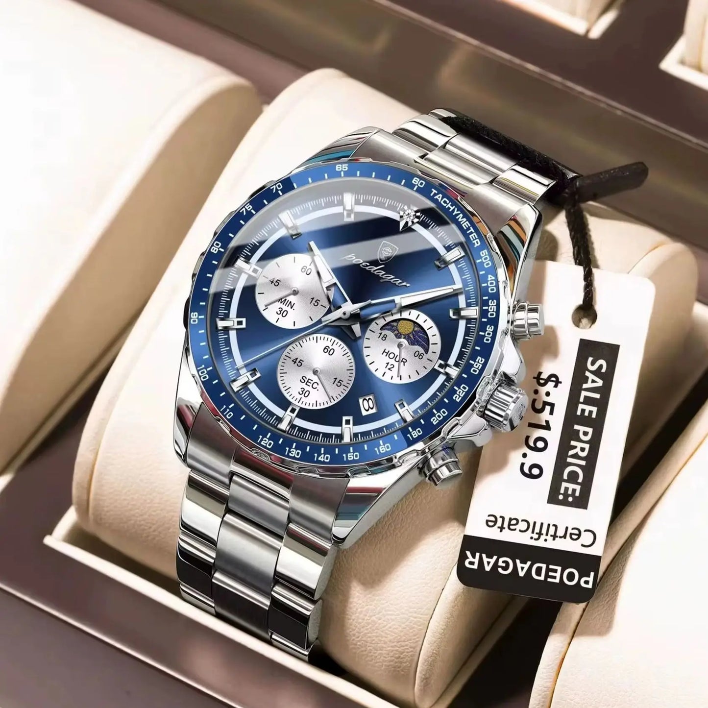 POEDAGAR Original Men Clock Sports Waterproof Luminous Chronograph Date Watch For Man Stainless Steel Quartz Men's Watches Reloj