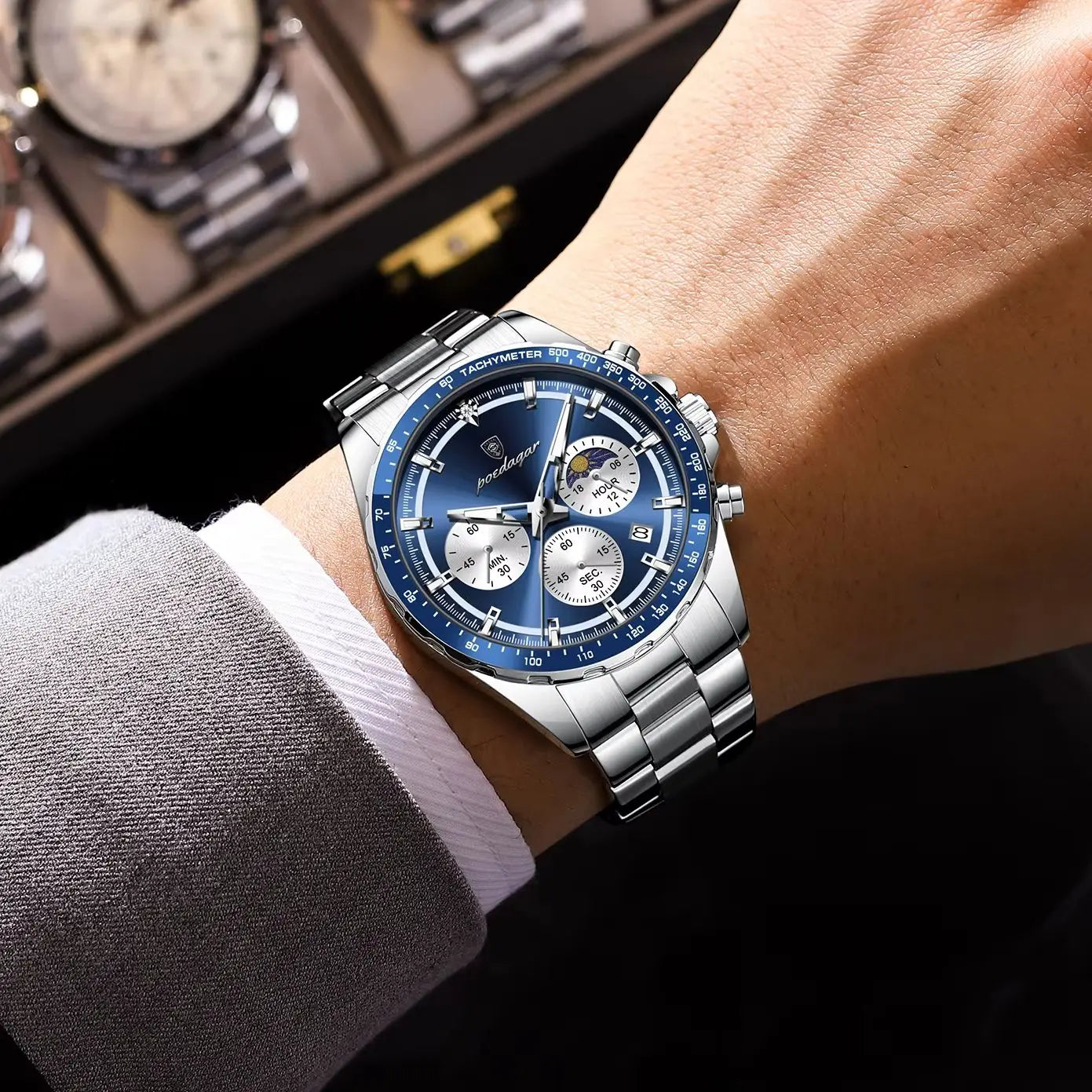 POEDAGAR Original Men Clock Sports Waterproof Luminous Chronograph Date Watch For Man Stainless Steel Quartz Men's Watches Reloj