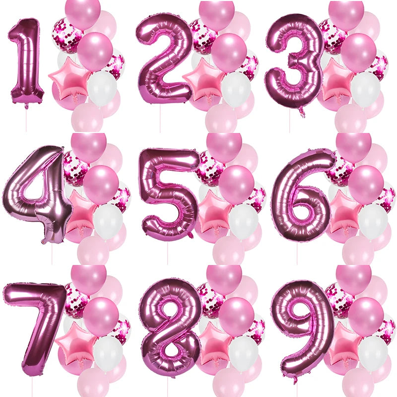 12pcs First Birthday Girl Boy Party Balloons Pink Number Baloon Birthday Decoration Kids 1 2 3 4 5 6 7 8 9 Years Party Supplies