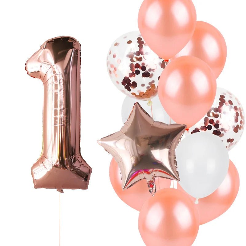 12pcs First Birthday Girl Boy Party Balloons Pink Number Baloon Birthday Decoration Kids 1 2 3 4 5 6 7 8 9 Years Party Supplies