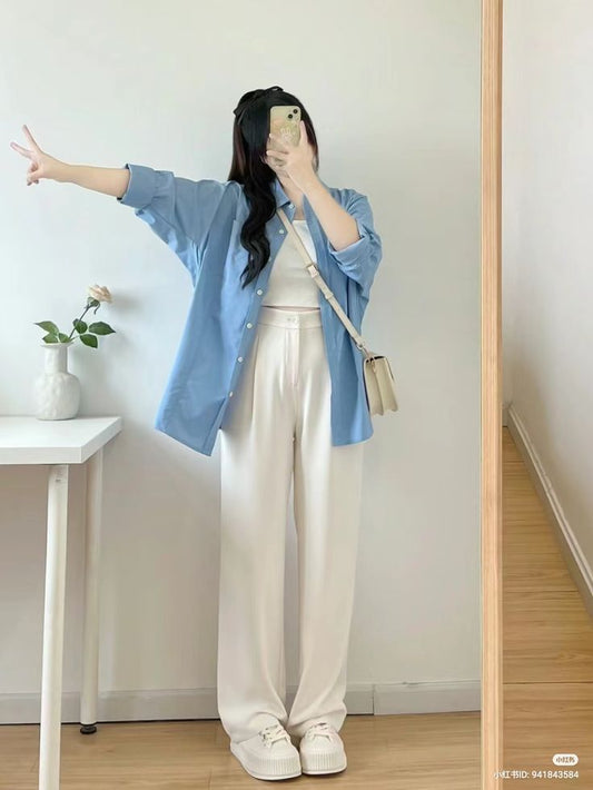 Casual Blue Oversized Shirt with White Wide-Leg Pants