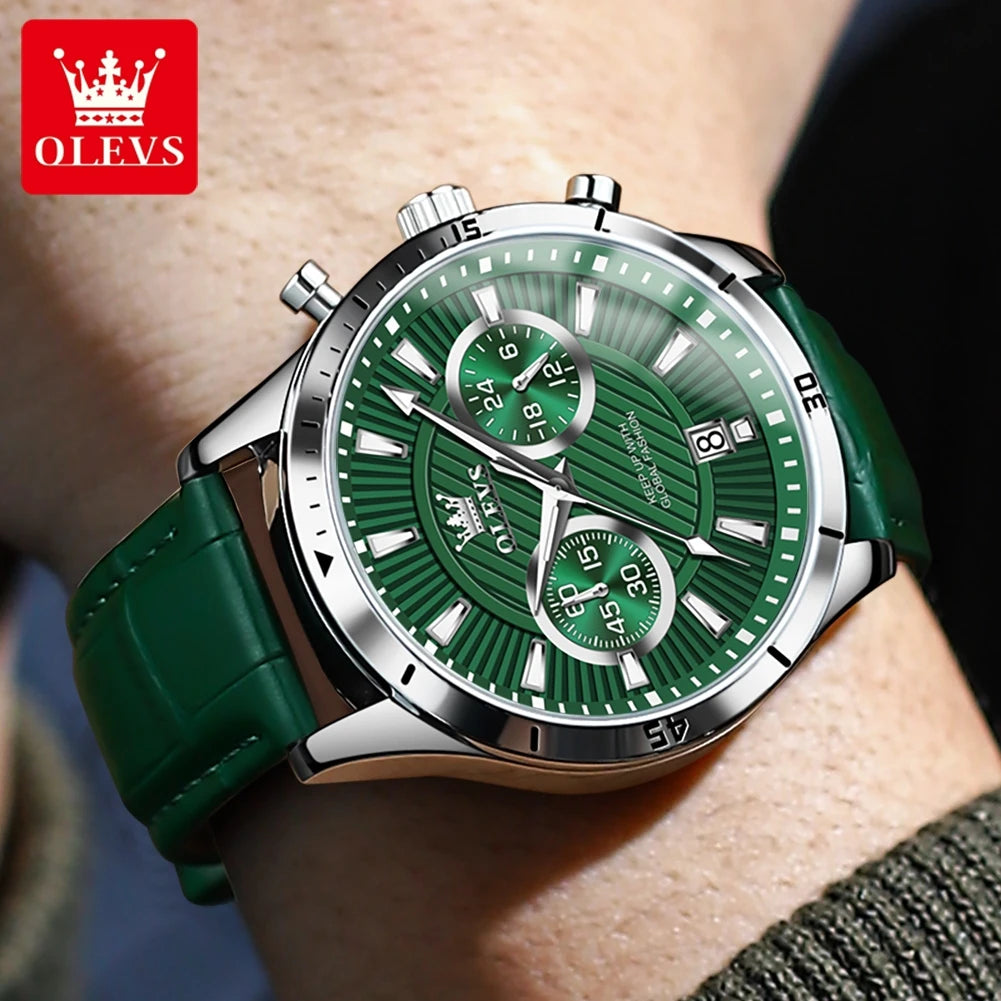 OLEVS NEW Men Watch Green Leather Strap Calendar 24 Hours Chronoscope Luminous Waterproof Wristwatch High Quality Men's Watches