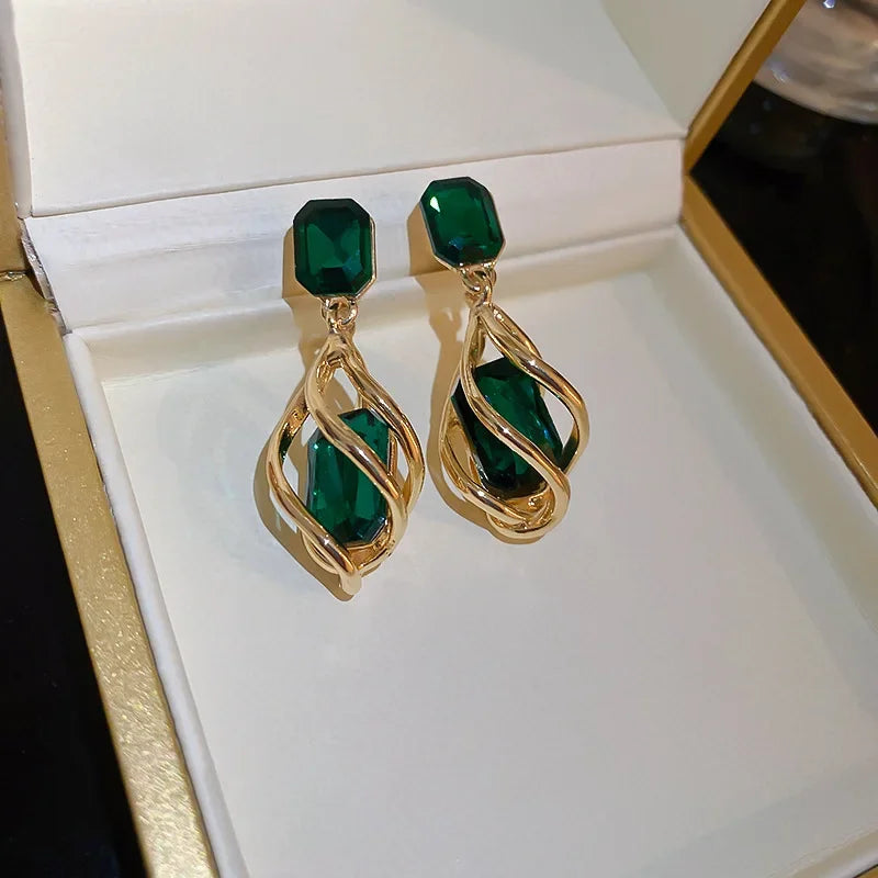 Korean Fashion Emerald Crystal Dangle Earrings for Women Trendy Gold Color Hollow Stud Earring Birthday Gifts Pendientes Mujer