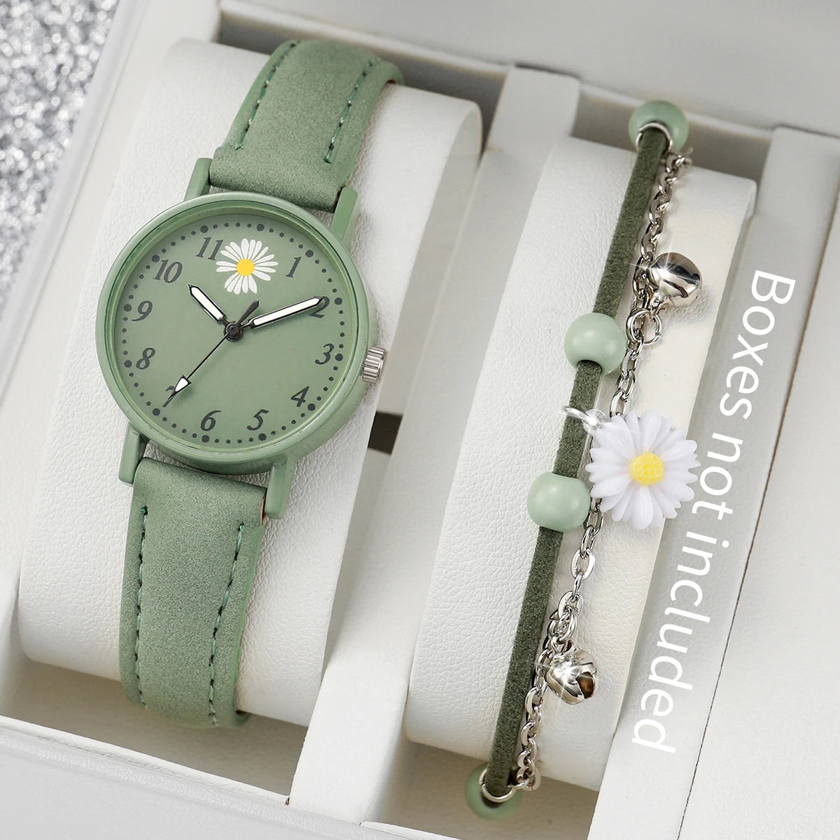 Fashion 2pcs/set Women's Daisy Dial Leather Watch&Green Flower Bracelet-Personality Boosted Product Simple & Sleek Design