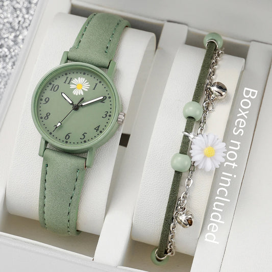 Fashion 2pcs/set Women's Daisy Dial Leather Watch&Green Flower Bracelet-Personality Boosted Product Simple & Sleek Design