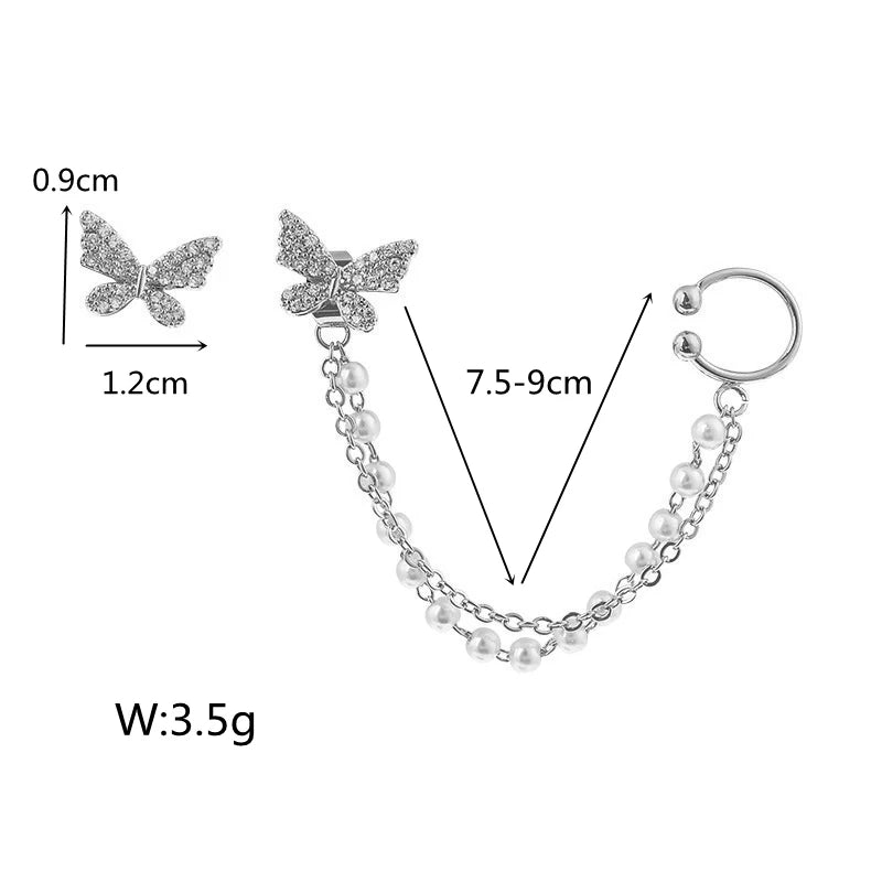 Korean Rhinestone Butterfly Stud Earrings For Women Girls Cute Fashion Metal Cuff Chain Tassel Boucle D'oreille Jewelry