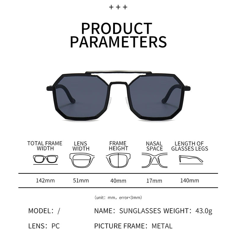 Metal Frames Sunglasses For Men Women Fashion Polygonal Double Bridges Sun Glasses Luxury Brand Outdoor Driving Eyewear