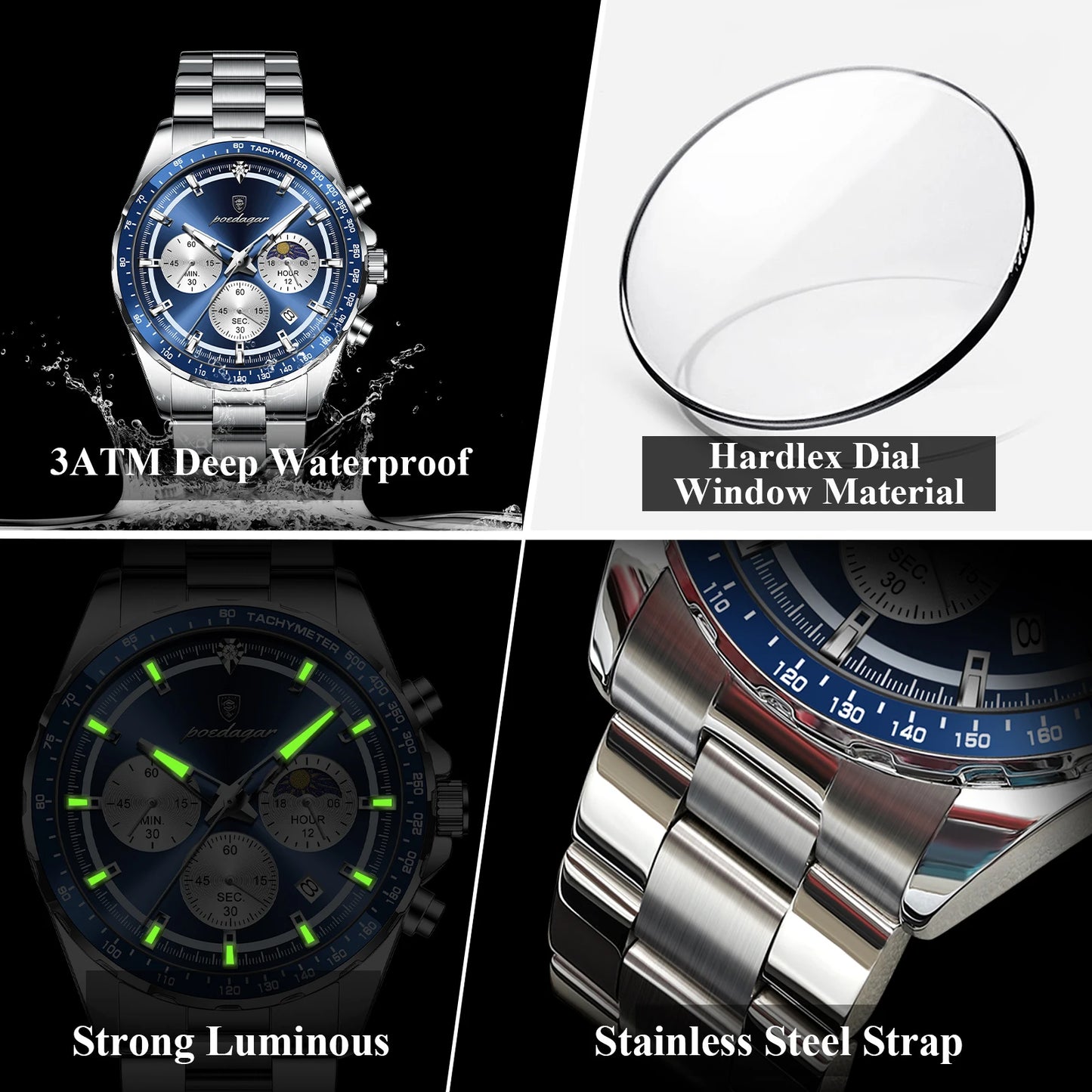 POEDAGAR Original Men Clock Sports Waterproof Luminous Chronograph Date Watch For Man Stainless Steel Quartz Men's Watches Reloj