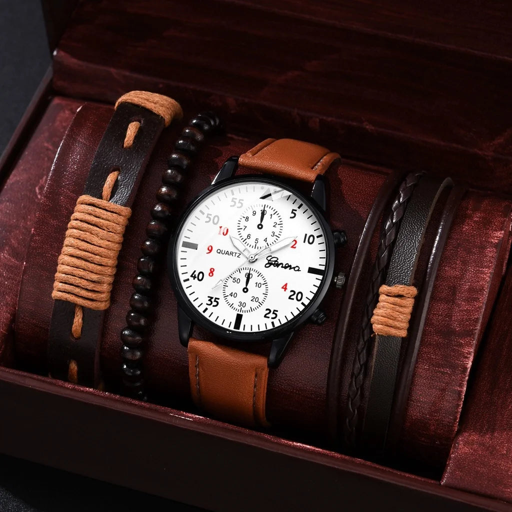 Kegllect  Men Watch Set with Bracelet Casual Leather Band  Quartz Clocks- Elegant For Gift & Perfect Watch For Boys