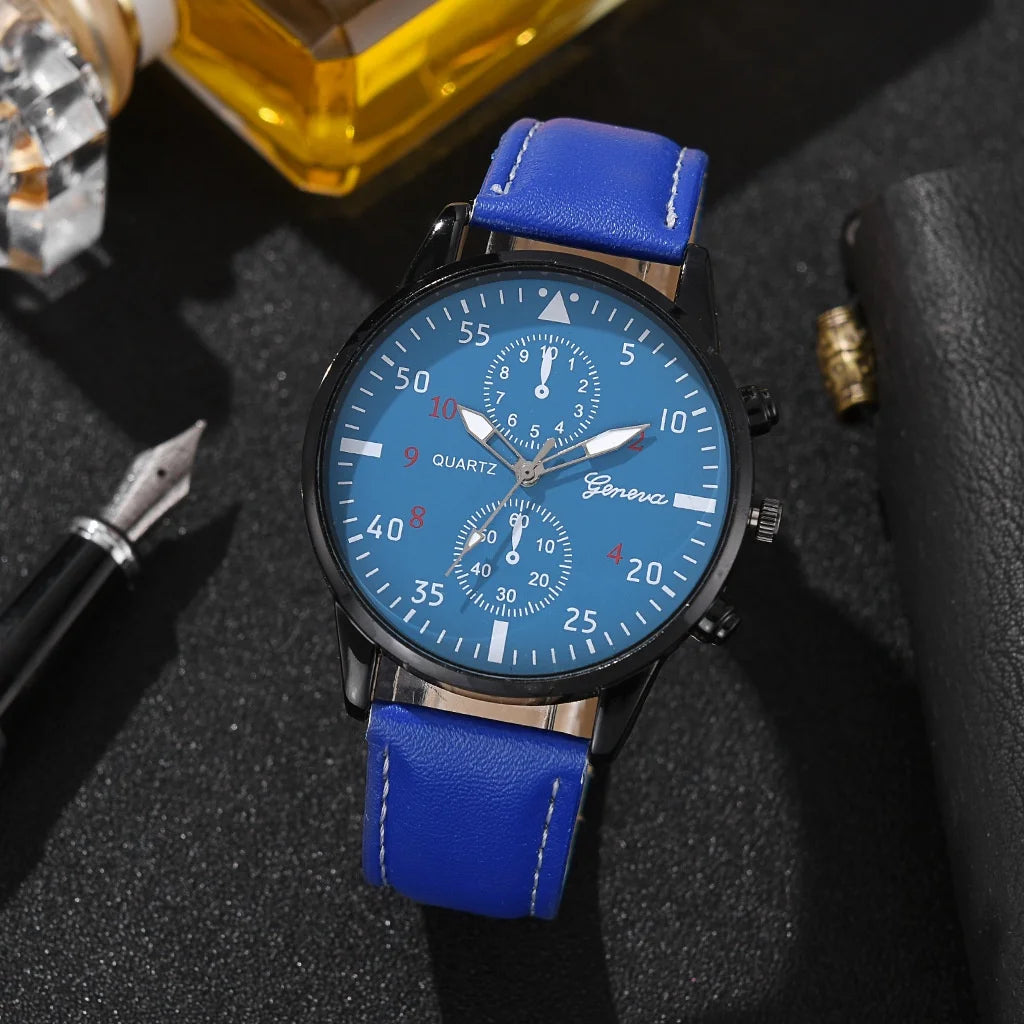 Kegllect  Men Watch Set with Bracelet Casual Leather Band  Quartz Clocks- Elegant For Gift & Perfect Watch For Boys