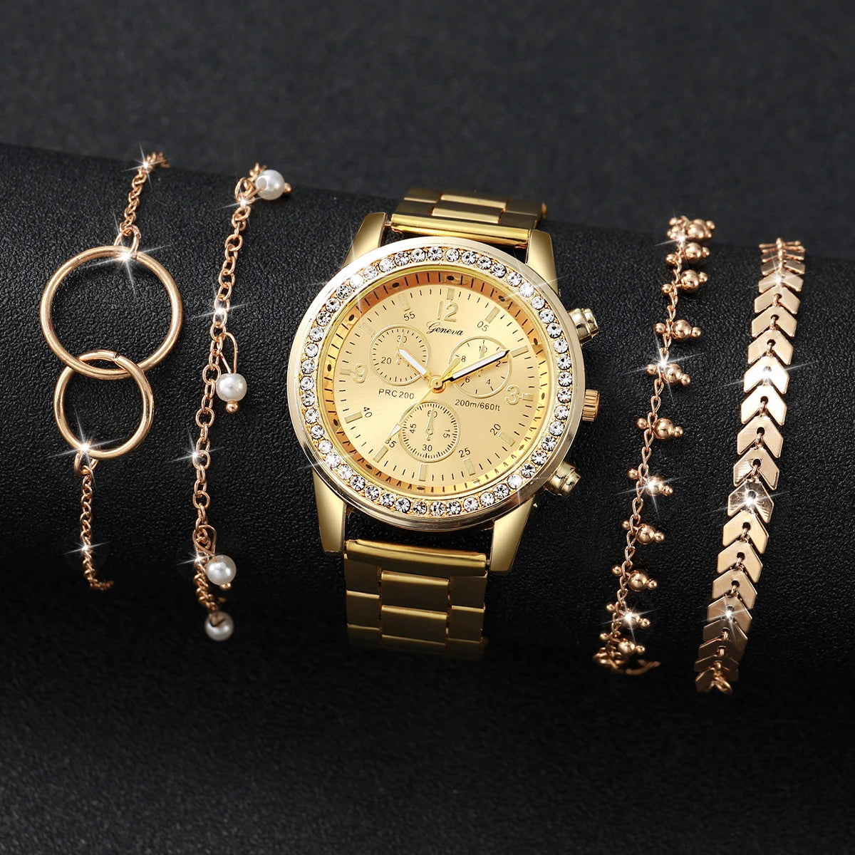 Fashion Women Golden Color Stainless Steel Quartz Watch With Bracelet Set 5PCs- Elegant Design Best Selling Product