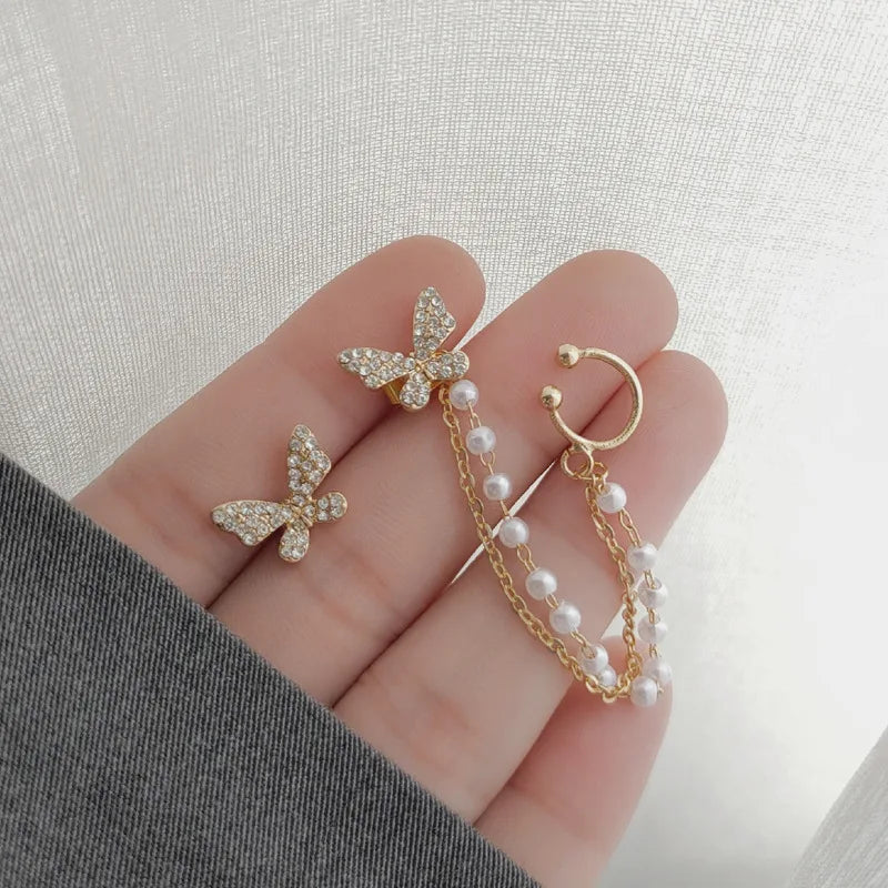 Korean Rhinestone Butterfly Stud Earrings For Women Girls Cute Fashion Metal Cuff Chain Tassel Boucle D'oreille Jewelry