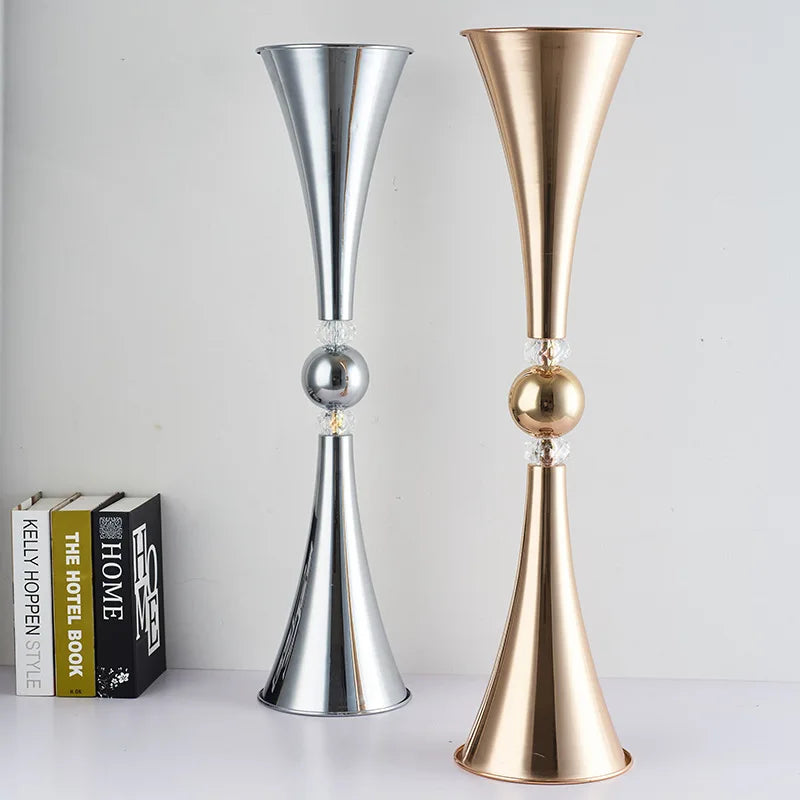 Gold Flower Vase Trumpet Shape Crystal Vase Black Wedding Table Centerpiece Black Party Road Lead Flower Stand  Home Decor