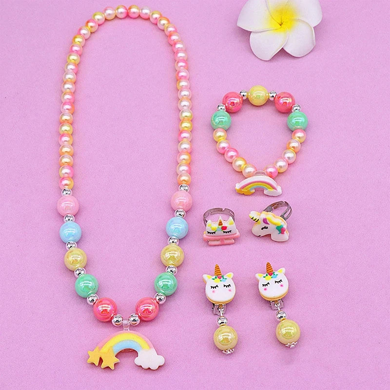 2/6pcs/set Children Necklace Bracelet Set Cute Unicorn Rainbow Necklace Bracelet For Little Girls Jewelry Set Wholesale