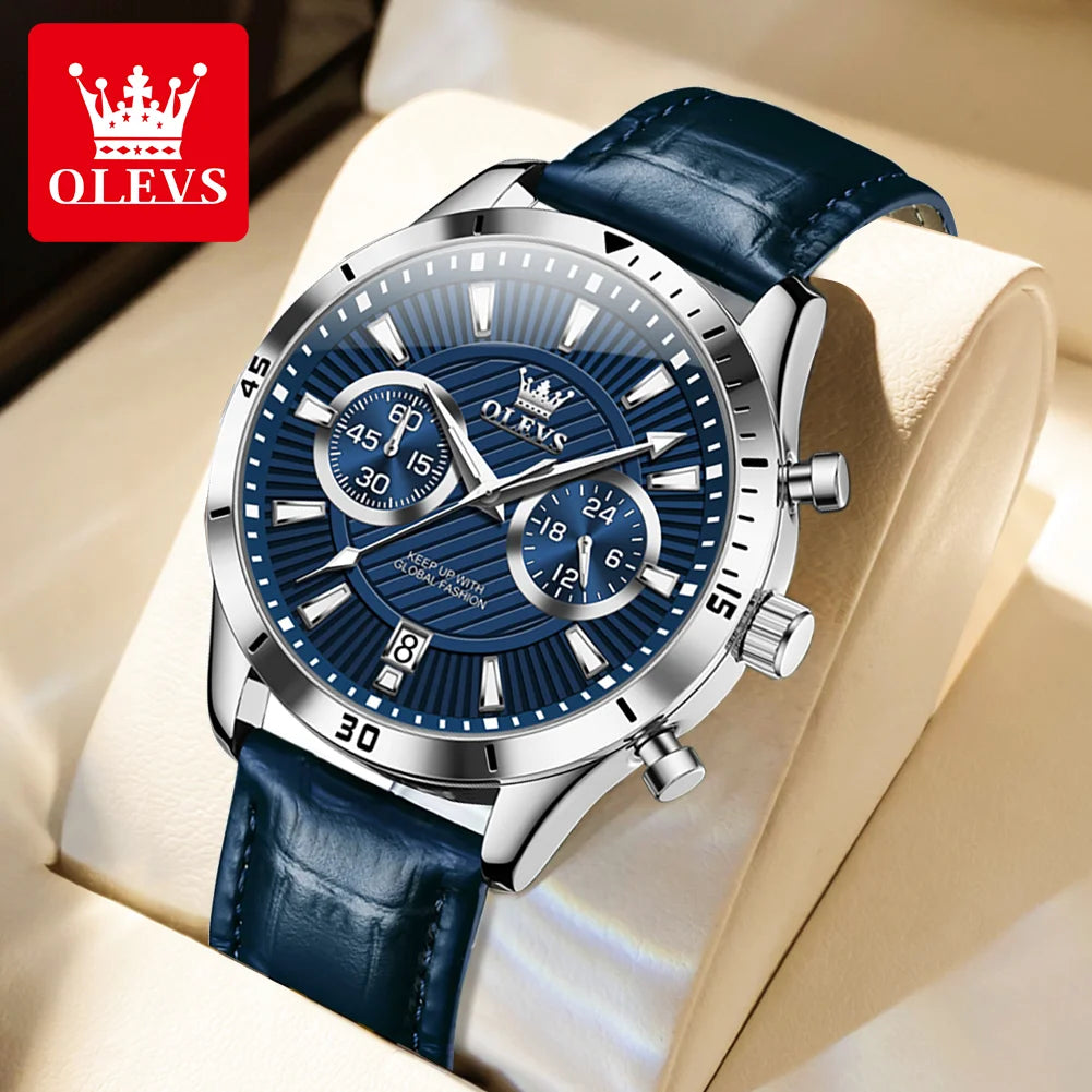 OLEVS NEW Men Watch Green Leather Strap Calendar 24 Hours Chronoscope Luminous Waterproof Wristwatch High Quality Men's Watches