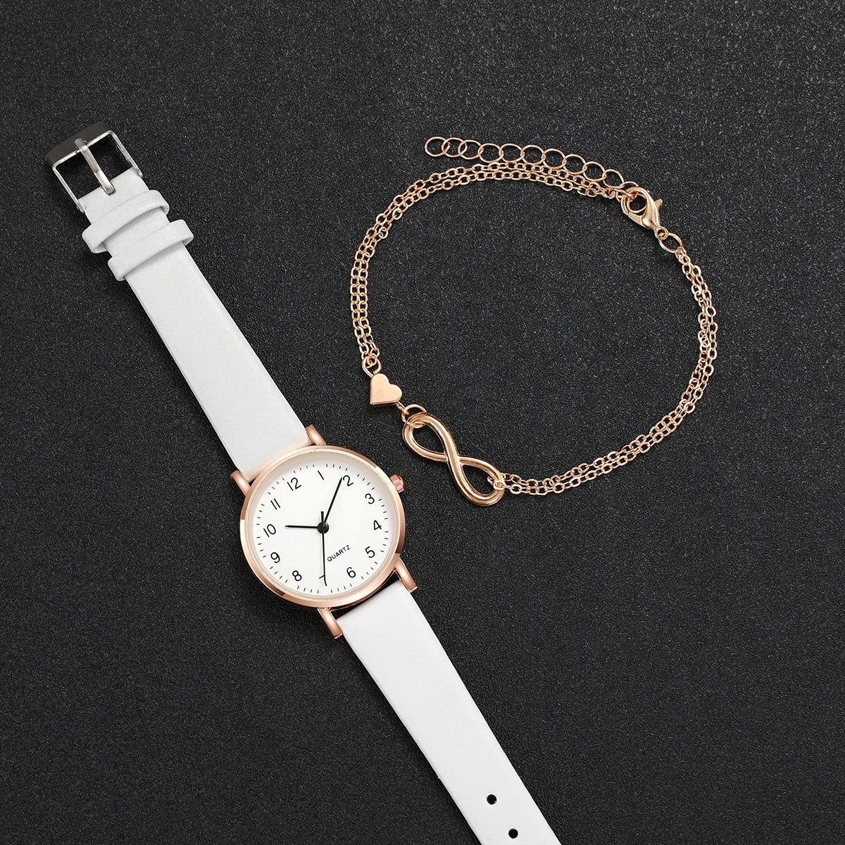2pcs/set Women White Leather Strap Simple Quartz Watch Love Heart Bracelet Versatile  Elegant Design For Occasions