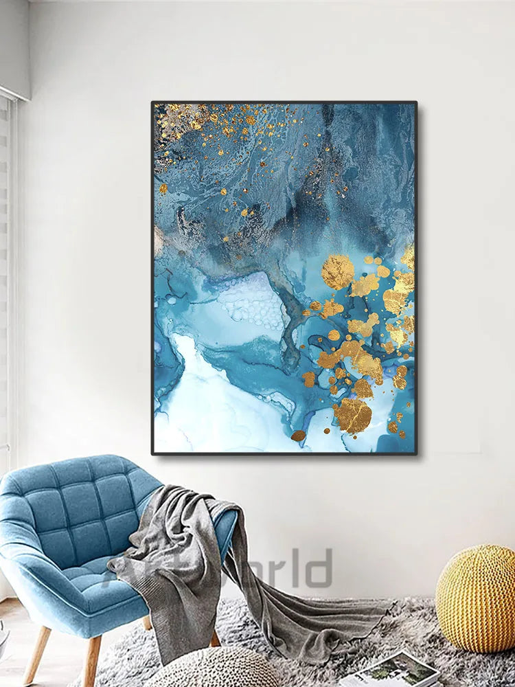 Blue Prints Abstract River Gold Texture Wall Art Canvas Painting Posters and Prints for Living Room Home Decoration