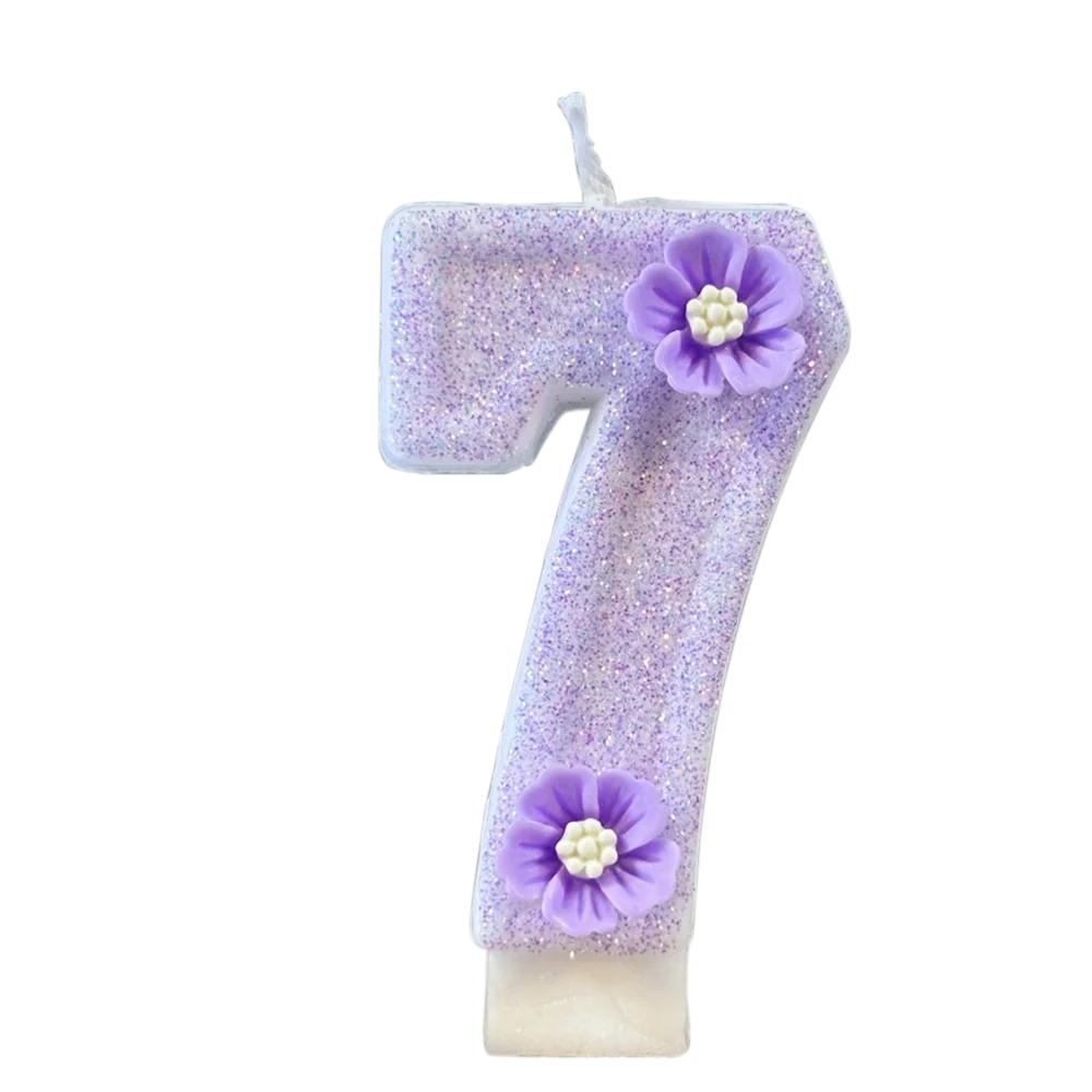 1pc Purple Sparkling Number Candles 0-9 Flower Cake Topper for Birthday Wedding Anniversary Party Cake Decoration Supplies