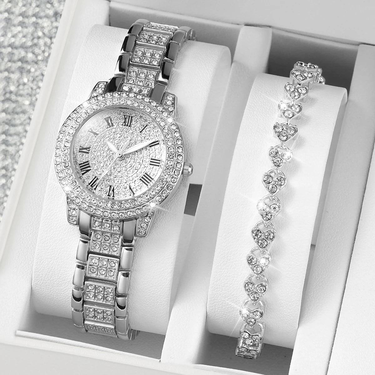 2pcs/set Women Stainless Steel Band Diamond Quartz Watch and Bracelet Set-Non Fadable & Best Selling Product